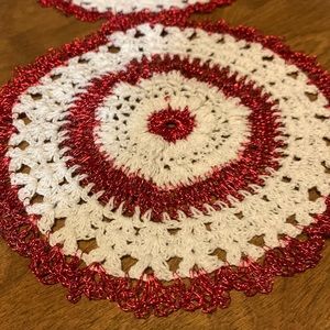 Two Round crocheted doilies red metallic and white Handmade